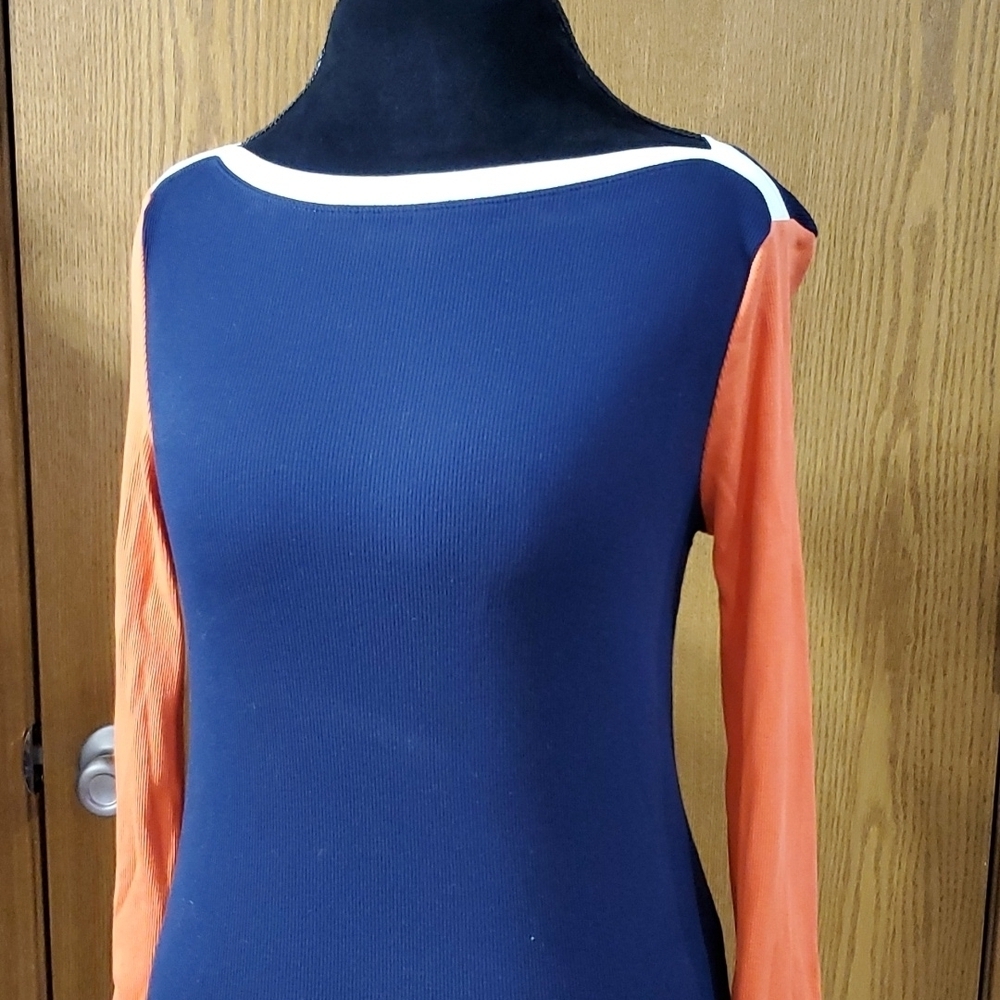 Lauren Ralph Lauren navy and orange boat neck thermal ribbed long sleeve
